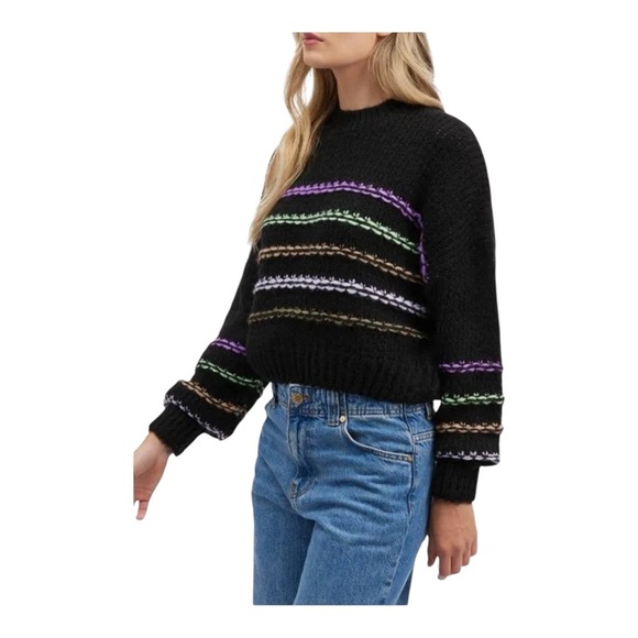 NVLT Stripe Wool Blend Balloon Sleeve Crop sweater in Black NWOT - Picture 4 of 5